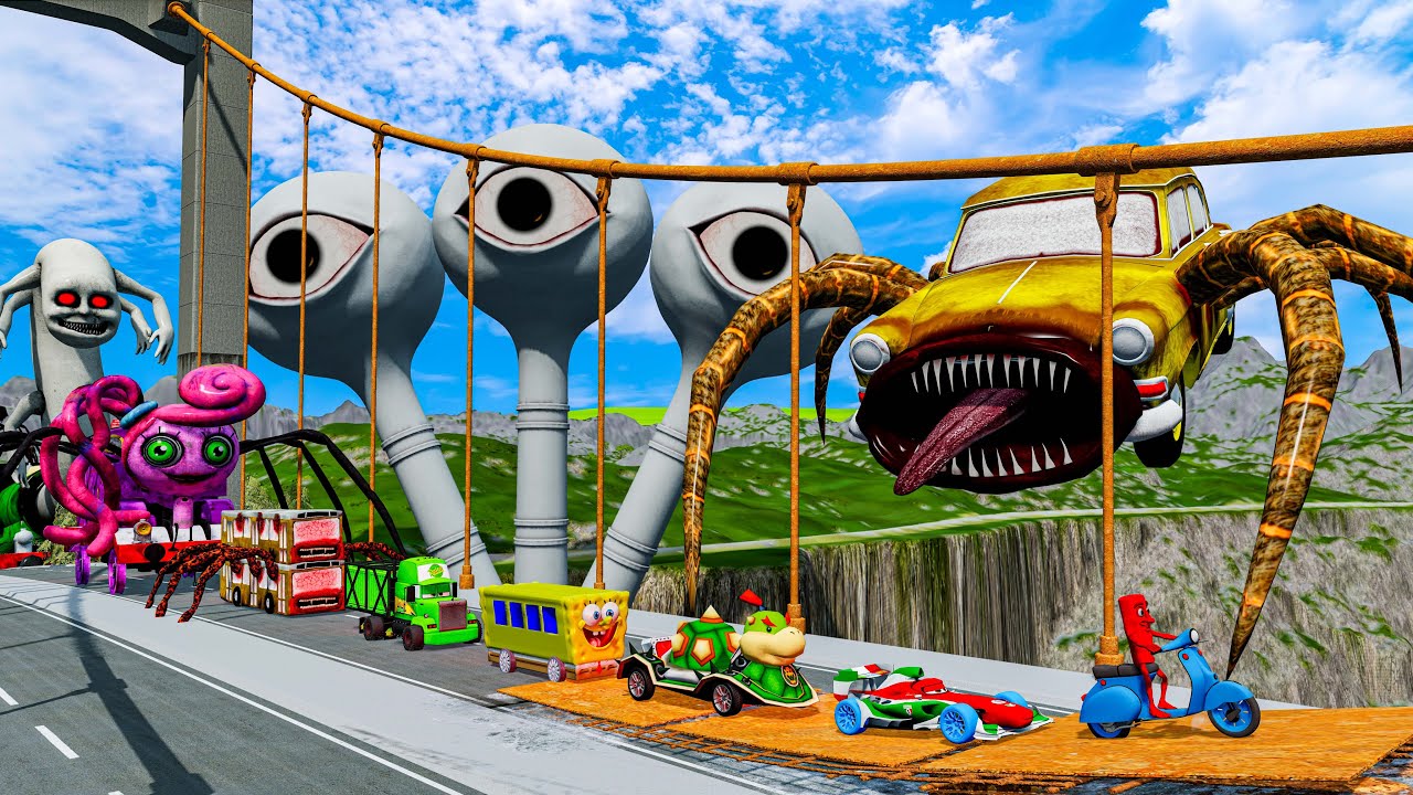 ALL MONSTERS Big & Small Cars vs Broken Bridge with CAR EATER & WATER EYE TOWER  BeamNG.Drive