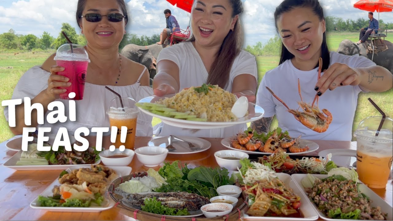 Thai FOOD Feast! Family Mukbang at Beautiful Elephant Cafe Rice Field | N.E Let's Eat