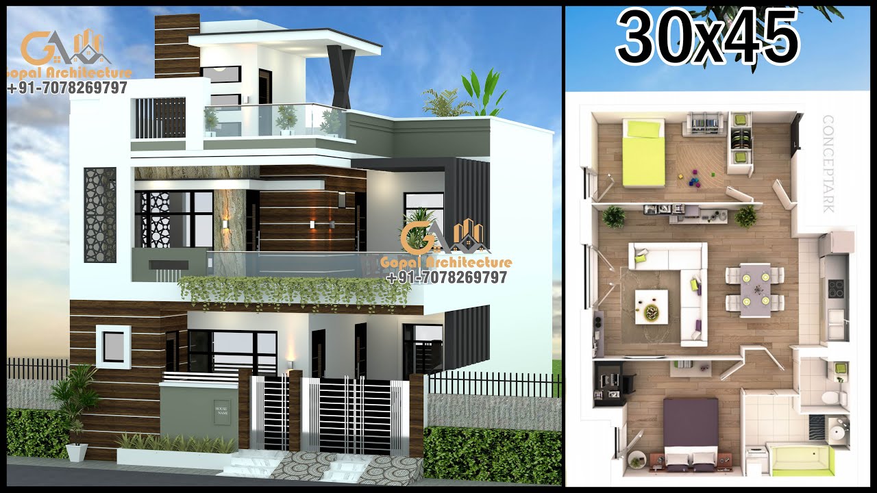 30'-0"x45'-0" 5 Room With Car Parking 3D House Plan | Latest House ...