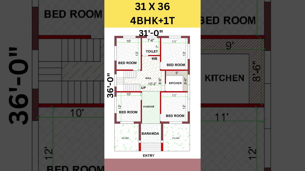 31X36 House Plan Design 4 Bed Room Ghar Ka Naksha 31 By 36 Feet Shorts Homeplan Housedesign