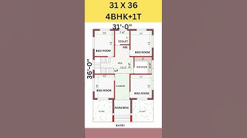 31X36 house plan design, 4 bed room ghar ka naksha, 31 by 36 feet #shorts #homeplan #housedesign