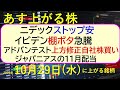 あす上がる株　2025年１０月２９日（水）に上がる銘柄。ニデックストップ安。イビデン棚ボタ急騰。アドバンテスト。上方修正自社株買い。ジャパニアス配当～最新の日本株情報。高配当株の株価やデイトレ情報～