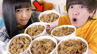 10分で牛丼どっちが多く早食いできるか！？【大食い】
