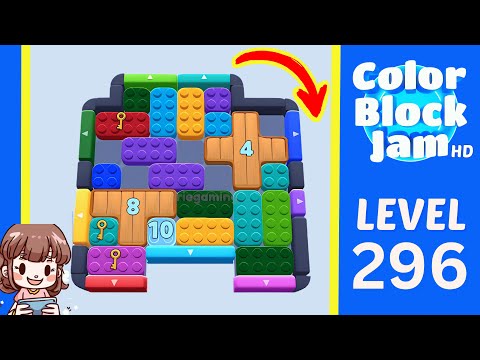 Color Block Jam Level 296 2:00 board with 10, 8, and 4 counters plus key-locked pieces opening frame