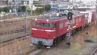 JR九州 787系特急きりしま14号 鹿児島中央駅～宮崎駅6014M)  すれ違い JR貨物　ED76 1020形機関車が牽引する。大型コンテナ多数積載 市営鹿児島中央駅東口自転車等駐輪   撮影日2