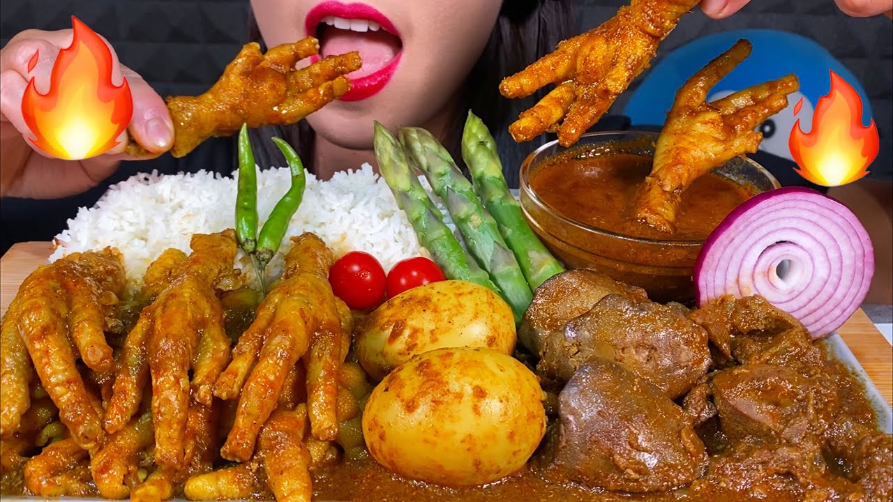 ASMR CHICKEN FEET CURRY, EGG CURRY, LIVER & GIZZARD CURRY, RICE MASSIVE Eating Sounds