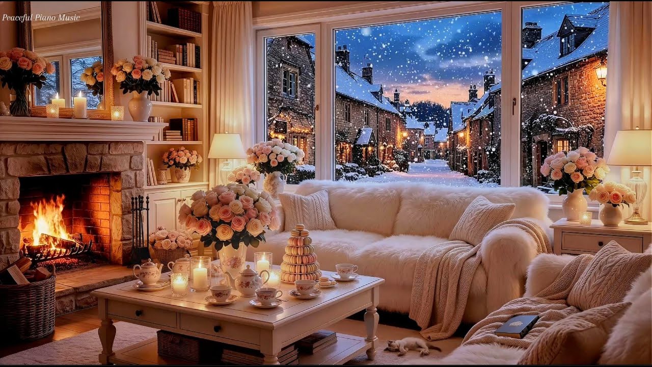 Soft Piano & Fireplace Sounds in Cozy Night Living Room | Relax, Study, Focus & Deep Sleep