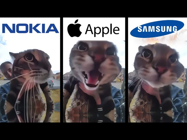 Cat Meows into door camera meme but famous phone ringtones class=