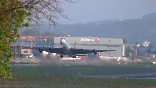 Stars Away Douglas DC-8  ZS-OSI loud and low take off runway 34 at ZRH (with live ATC)