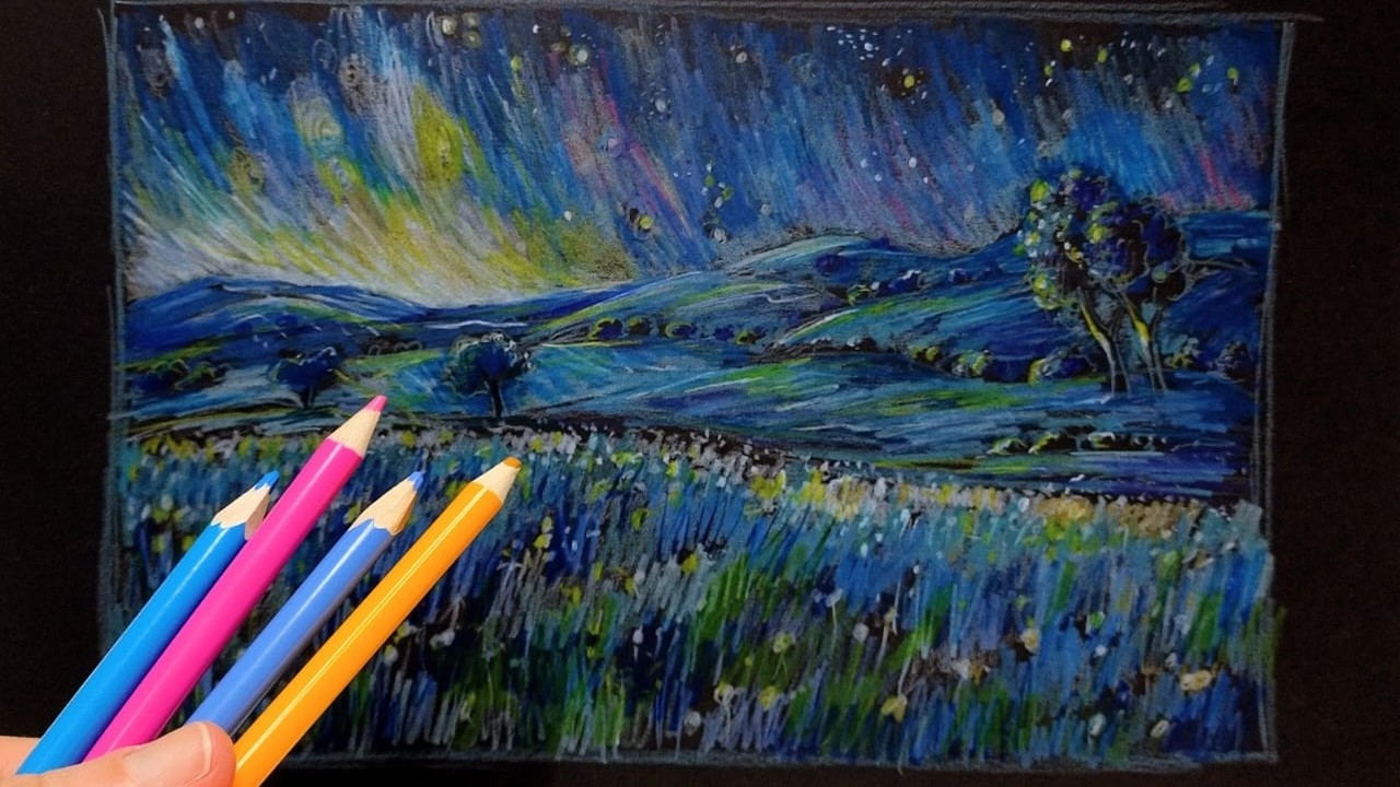 Paisagem a Noite! Minha primeira Experiência desenhando no Papel Preto!