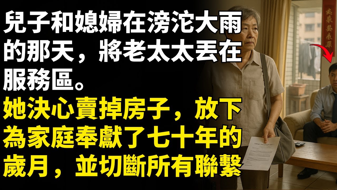 兒子和媳婦在滂沱大雨的那天，將老太太丟在服務區。她決心賣掉房子，放下為家庭奉獻了七十年的歲月，並切斷所有聯繫。人生的教訓。