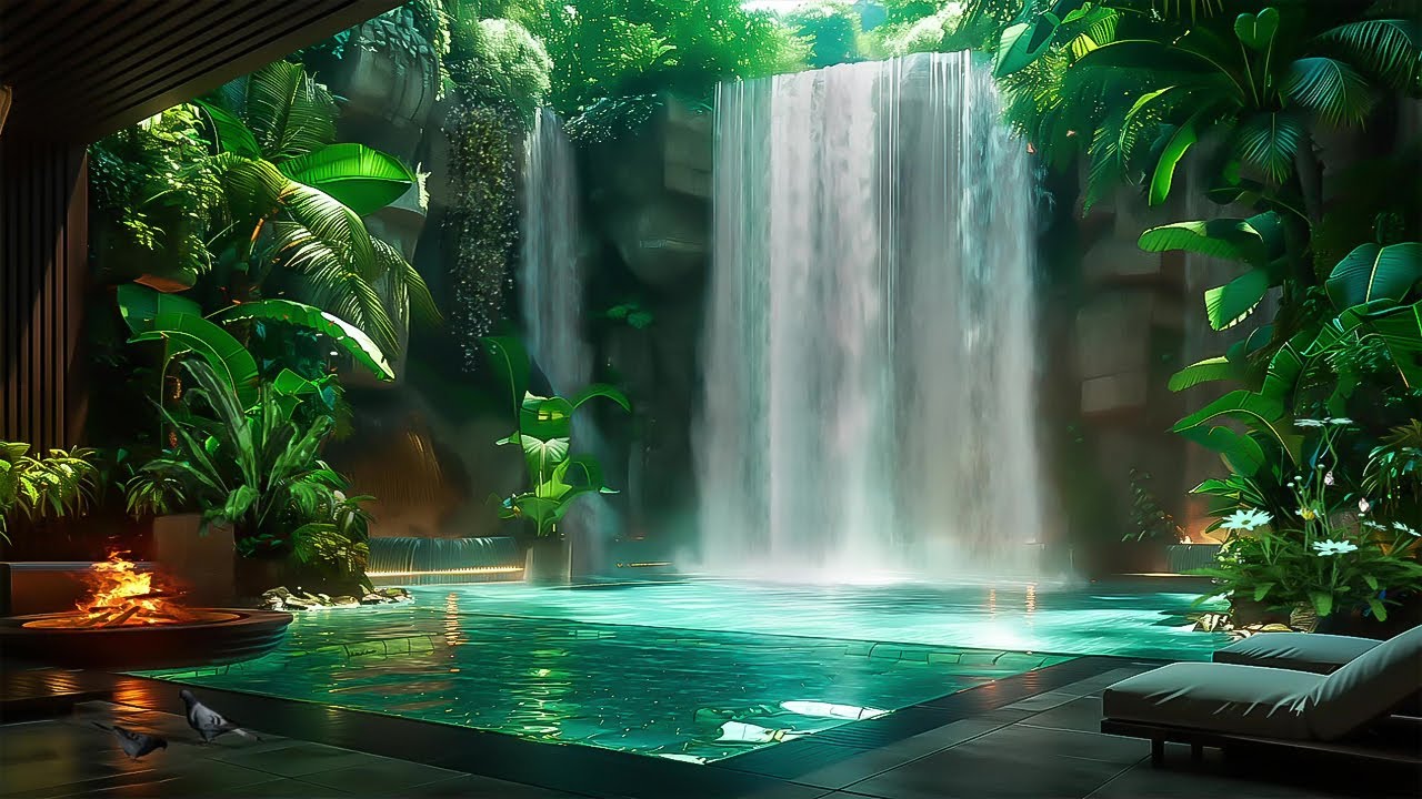Peaceful Forest 🌳 Cozy backyard with Waterfall & Fireplace Sounds for Relaxing and Healing | ASMR