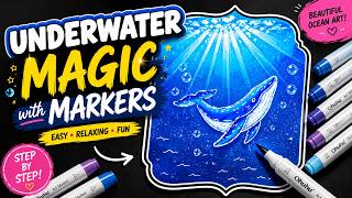 How to color underwater Whale scene using shades of blue using only Ohuhu Markers + Posca Marker!!