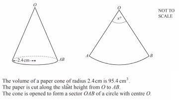 The volume of a paper cone of radius 2.4 cm is 95.4 cm³. Find the sector angle x⁰& capacity of tank.