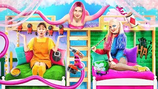 We Build a Bunk Bed for Triplets!  Mommy Long Legs vs Harley Quinn vs  Doll from Squid Game