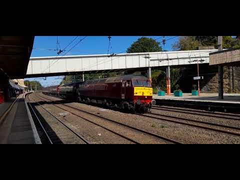 West Coast Railway class 57s head south through Lancaster Castle Station 30/8/23