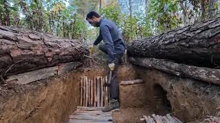 Building a SECRET Dugout Shelter Between Two Fallen Trees (Part 1 & 2 Full video) – Survival Bushcra