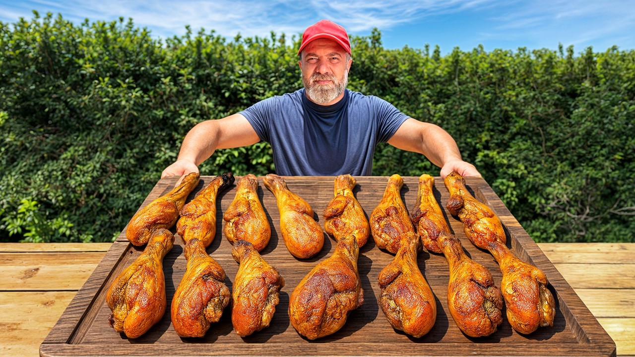 Cooking Juicy Turkey Legs Over Wood Fire in the Garden