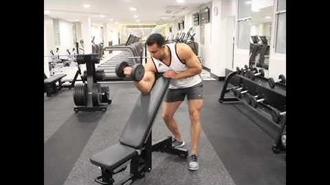 Standing One Arm Dumbbell Curl Over Incline Bench