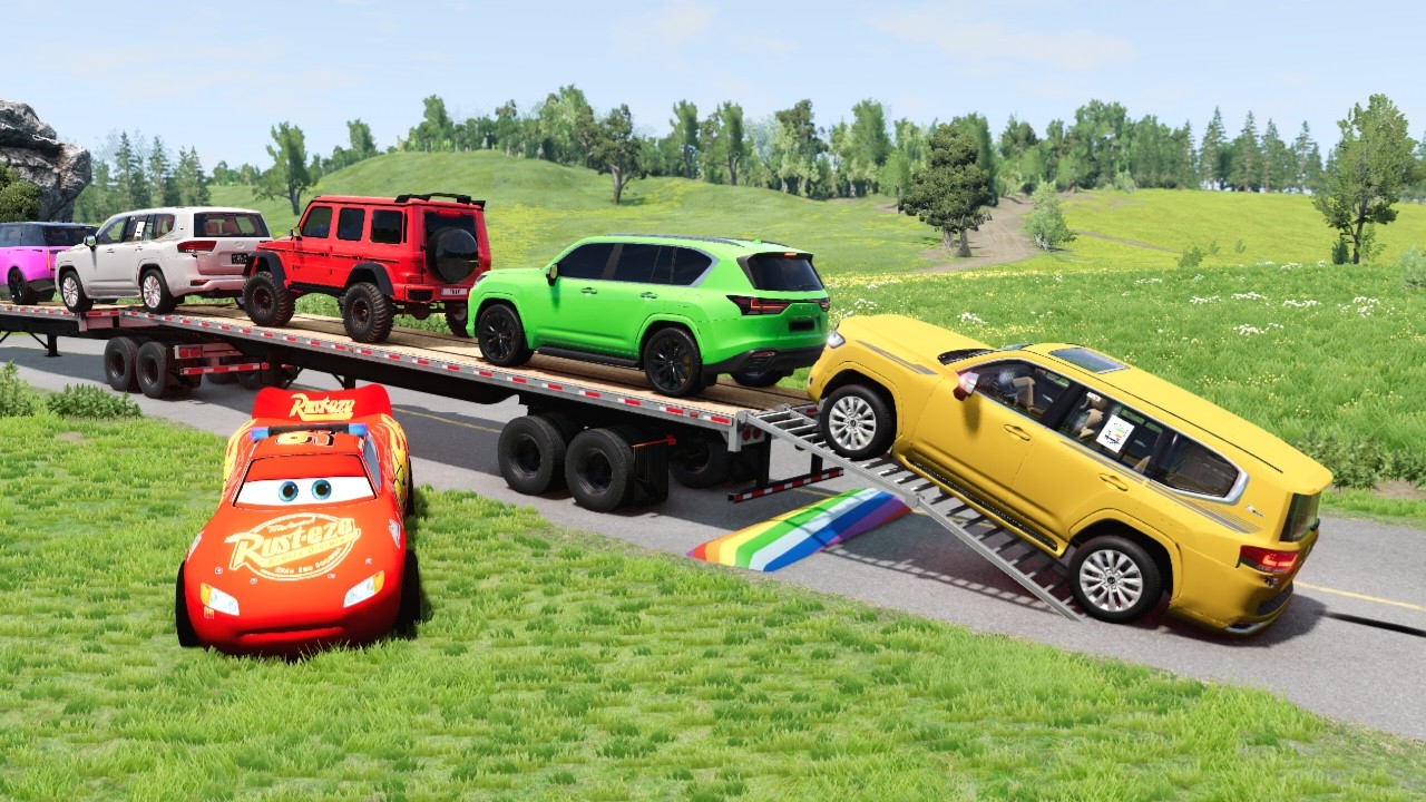 Flatbed Truck McQueen | Transportation with Truck - Pothole vs Car #14 | BeamNG.Drive Gameplay