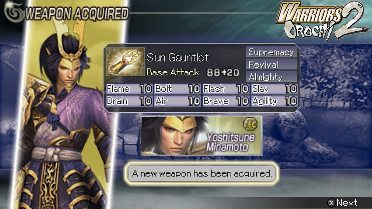 WEAPON GUIDE • GOLD WEAPON YOSHITSUNE MINAMOTO • WARRIORS OROCHI 2 PSP