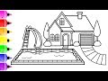 How to Draw a House with Pool Coloring Page |  Coloring Book