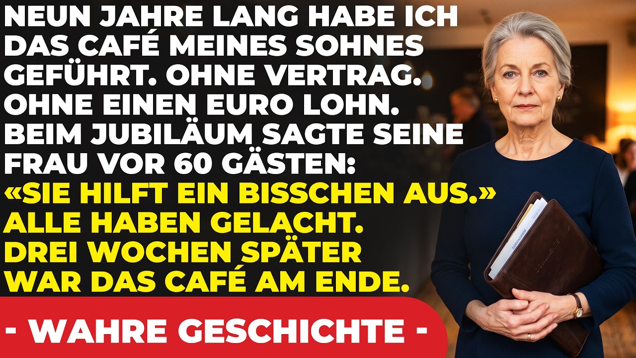 Ich habe neun Jahre lang unbezahlt im Café meines Sohnes gearbeitet – 13.200 Stunden, Buchhaltung, Einkauf, Personal. Beim zehnjährigen Jubiläum stand meine Schwiegertochter vor sechzig Gästen auf...