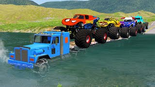Double Flatbed Trailer Truck Rescue Monster Trucks vs Deep Water - BeamNG.drive 001