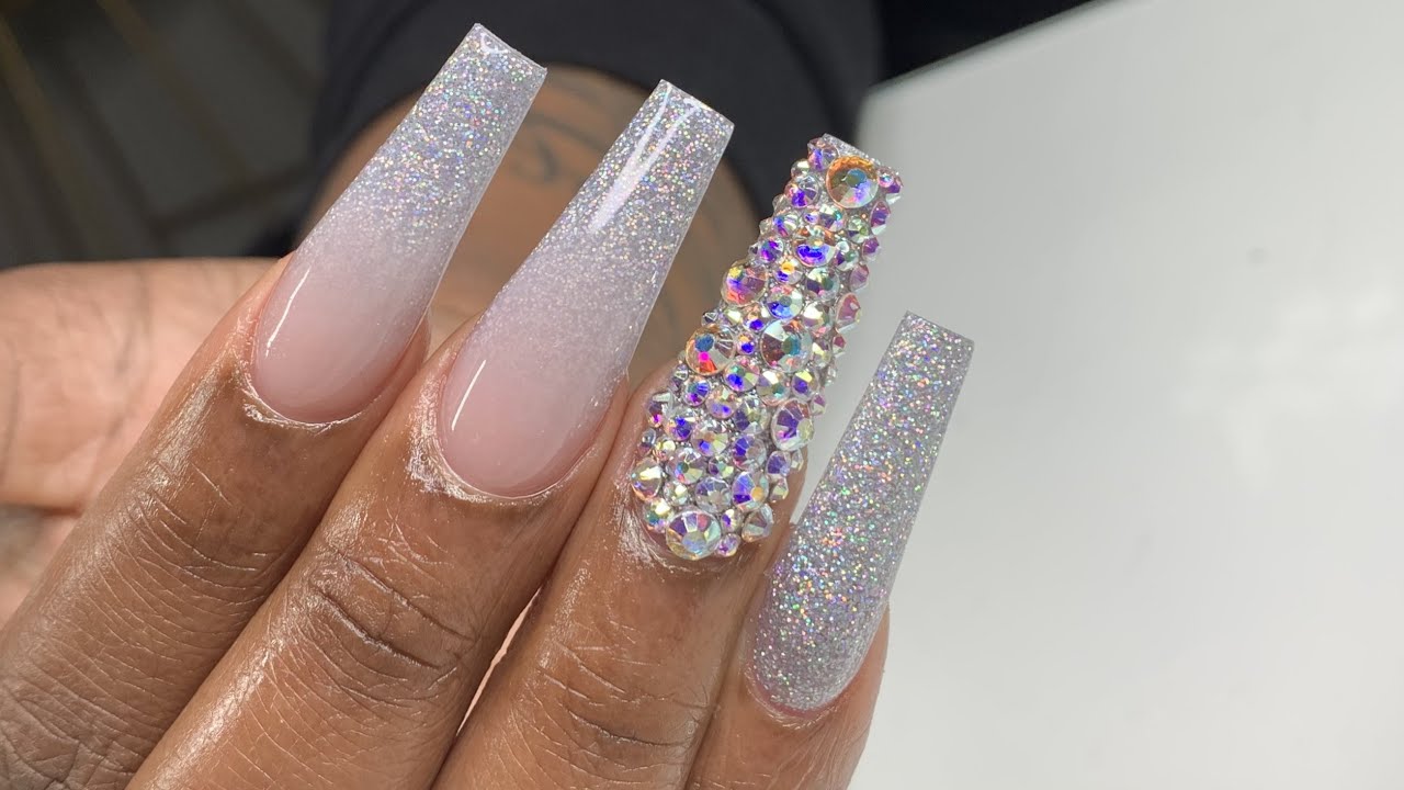 Long Holographic Ombre Full Bling Acrylic Nail