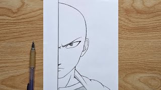 How to draw Saitama - One-Punch Man | Saitama step by step | easy anime half face tutorial