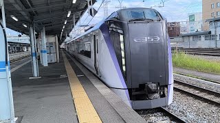 [フル点ハイビームで発車！ジョイント音最高！]E353系 S201編成 S116編成 特急あずさ8号東京行が松本駅2番線を発車するシーン