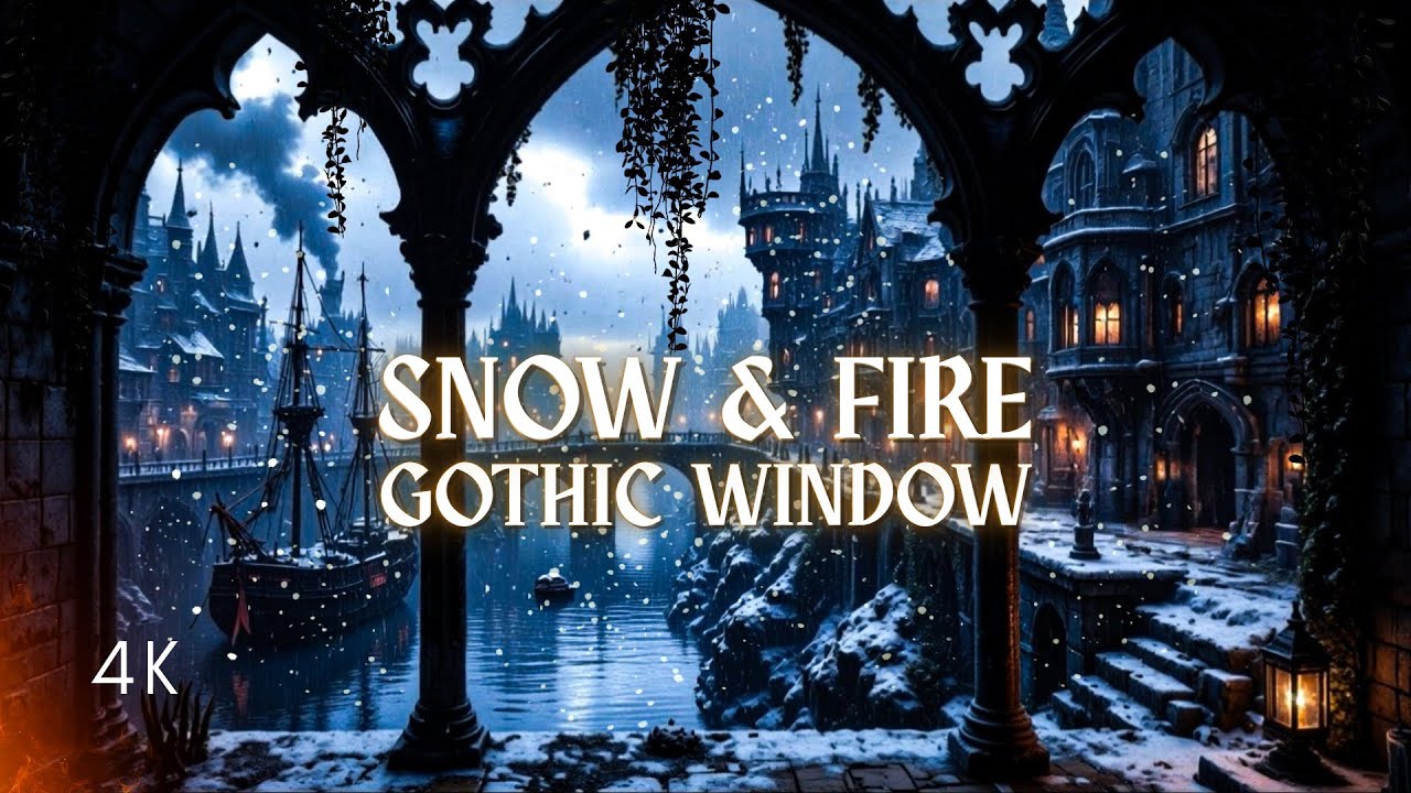 DARK GOTHIC WINDOW PROJECTION: Snowfall & Fireplace Ambience ❄️ | 4K Winter Focus & Deep Sleep