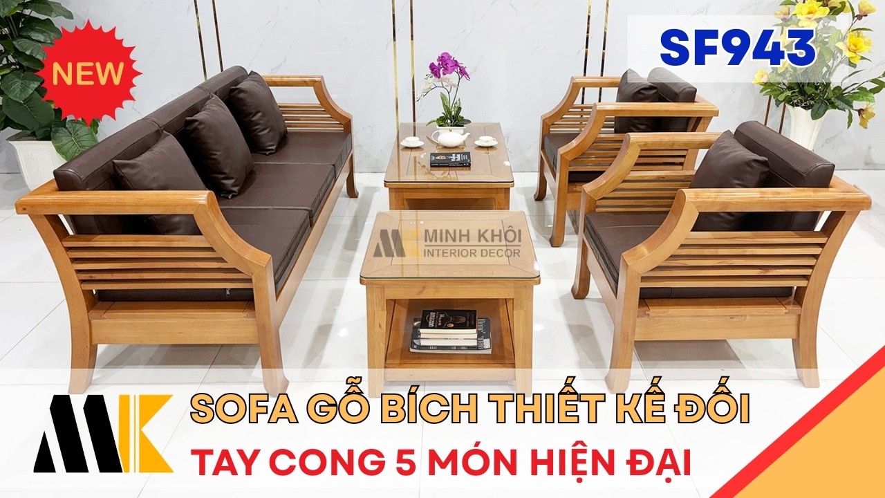 Sofa Gỗ Bích Thiết Kế Đối Tay Cong 5 Món Hiện Đại - SF943 | Minh Khôi