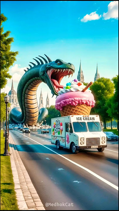 Evolution from an ice cream truck chased by a snake monster to a wooden house in the middle of lake
