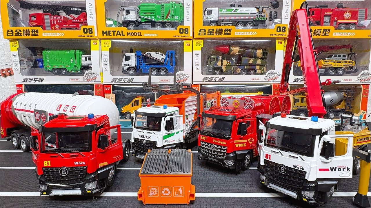 Collection Of Diecast Trucks : Tanker Trailer Truck, Garbage Truck, Fire Truck, Concrete Pump Truck