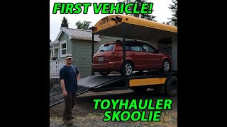 Skoolie Toy Hauler Wheel Well Ramp Fabrication & First Car On The BUS!