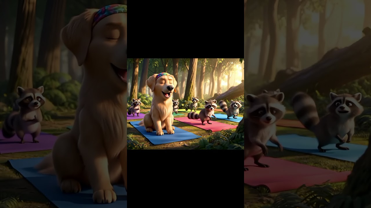 Golden retriever wearing a headband leads a Yoga class, "Now inhale peace, exhale the mailman.”