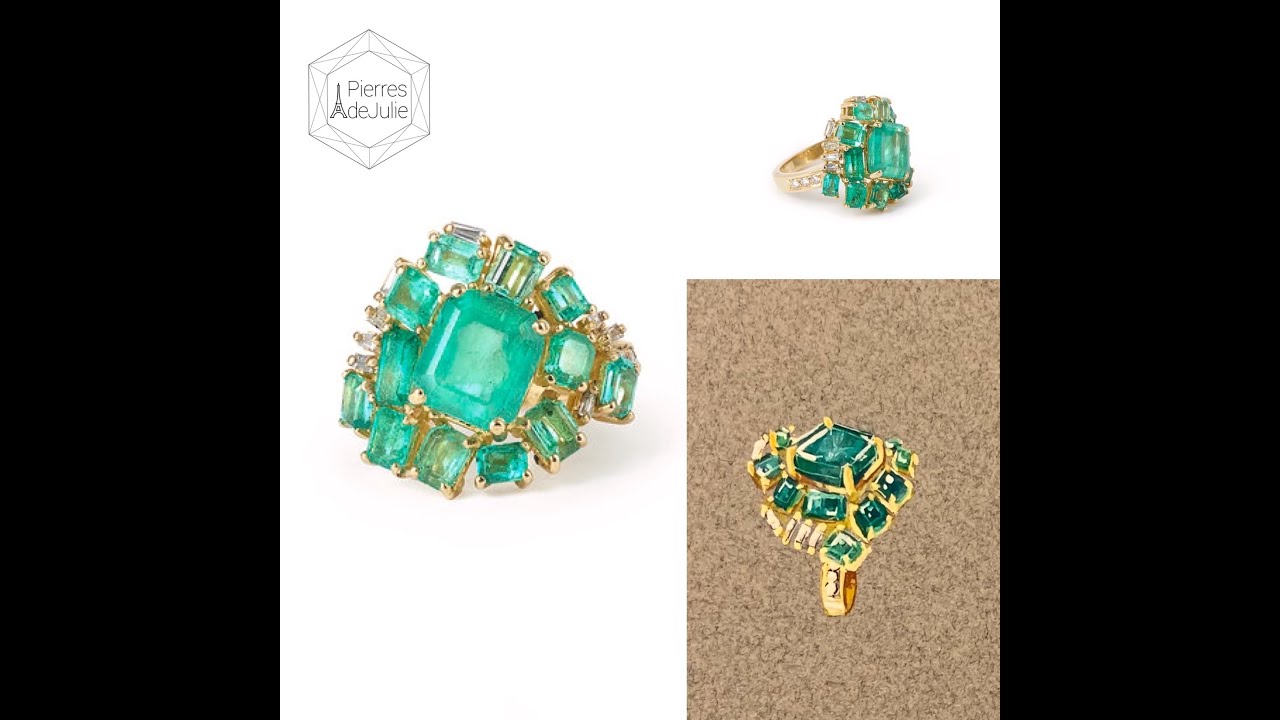 Certified 4.20 Carats Colombian Emerald Diamonds And Emeralds Paved 18 Carats Yellow Gold Ring