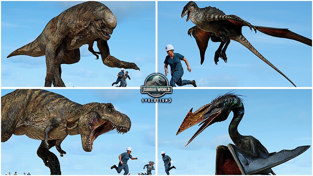 Dinosaurs are chasing the park staff. Do you think they will catch