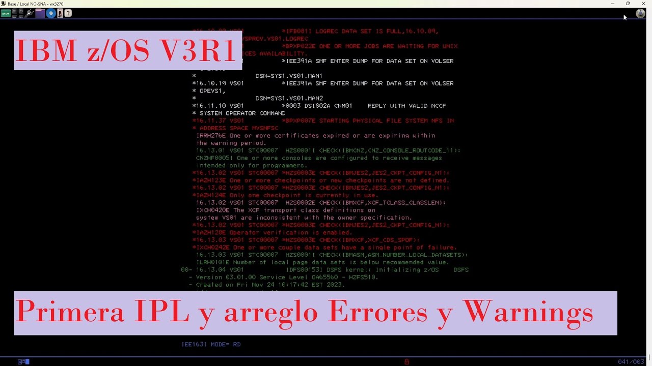 IBM z/OS V3R1: Primera IPL y Arreglo Errores y Warnings