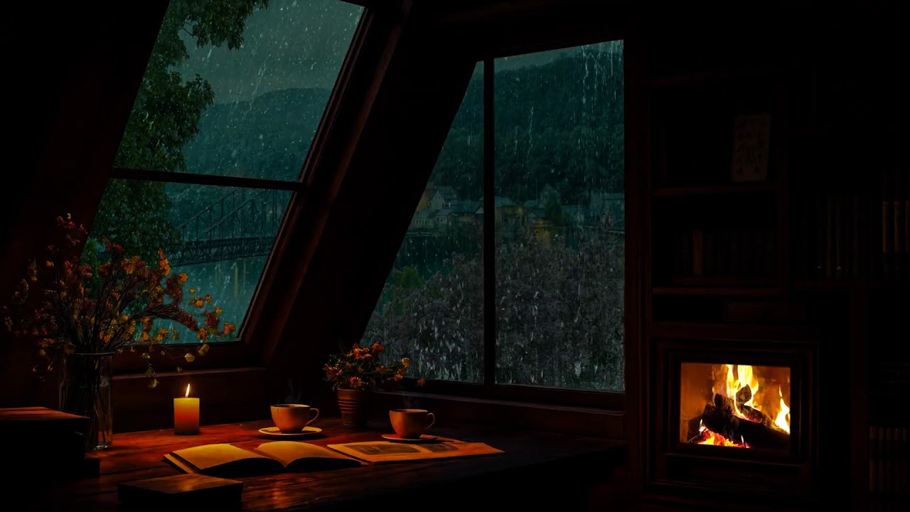 Rain Sound On Window with Fireplace Sounds | Chuva forte para dormir, estudar, relaxar e meditar☔🔥