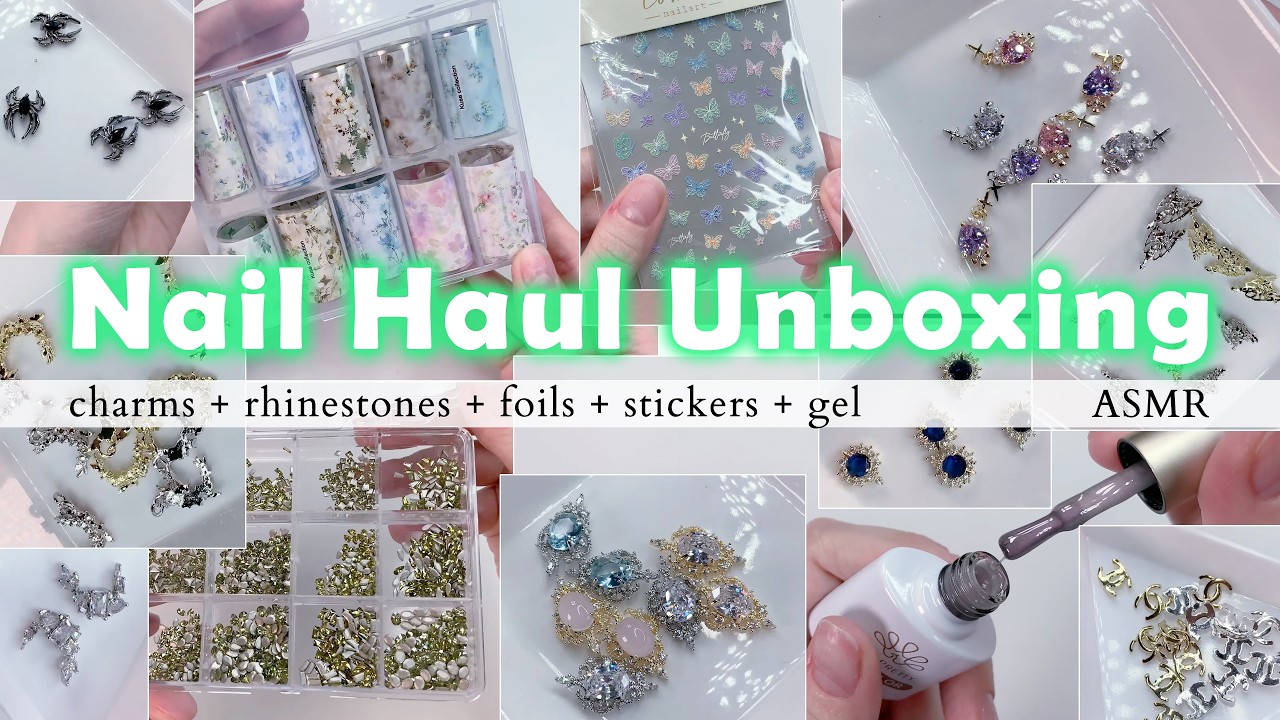 shein + taobao nail haul & organizing ⌕ ₊˚ charms, rhinestones, foils, stickers, gel + more ♡ asmr
