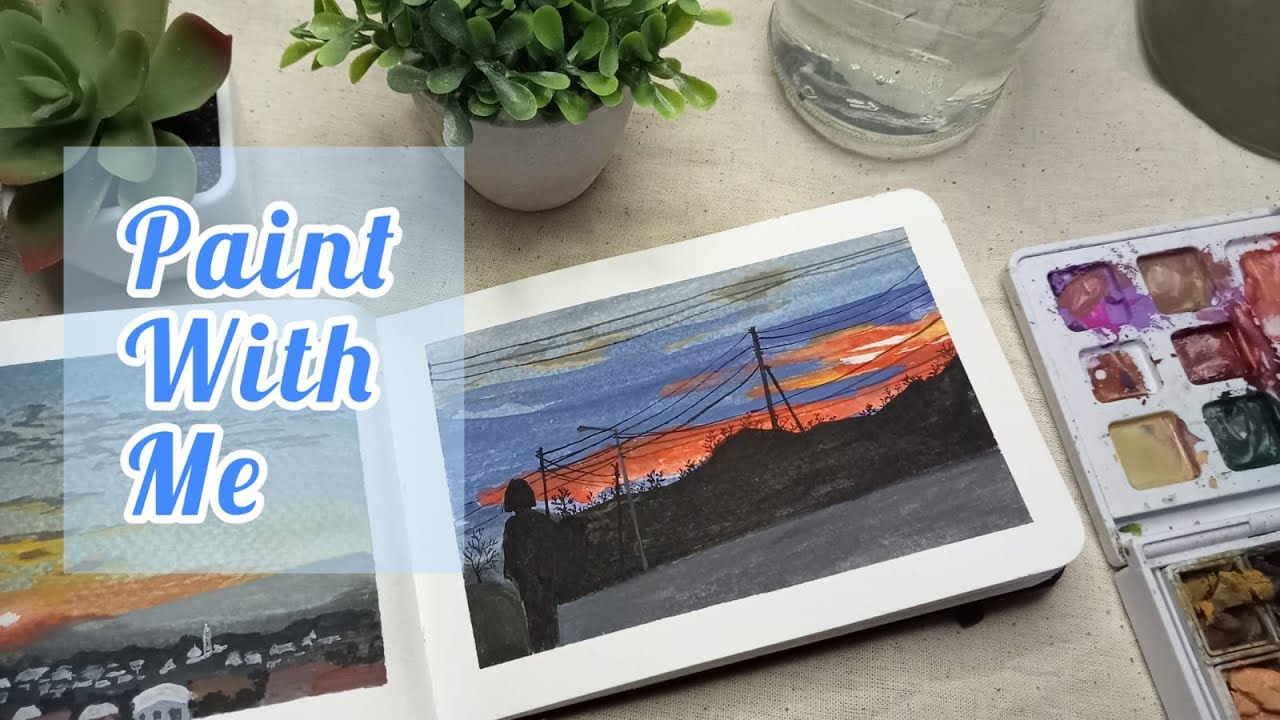 Paint with me SILUET SUNSET | Gouache Painting | Painting Process Step ...