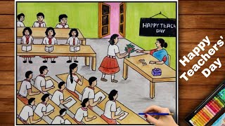 How To Draw A Scenery Of A Classroom Celebrating Teachers' Day | Teacher's Day Drawing