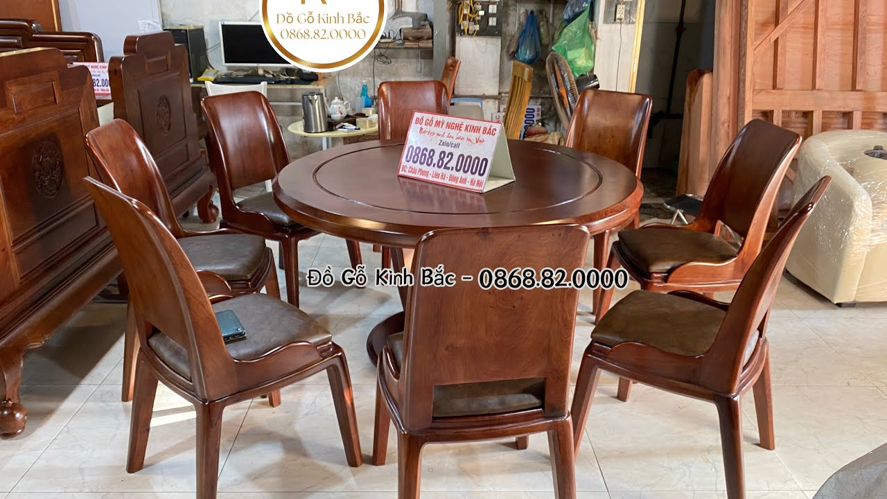 Mẫu Bàn Ăn Cánh Sen Gỗ Hương Đá Sơn Màu Óc Chó | Bộ 8 Ghế + Bàn Tròn 1m4