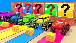 5 Giant McQueen, Tractors, Fire Truck, School Bus, GTA 5 Car Crossing Fountain Transformation 2024