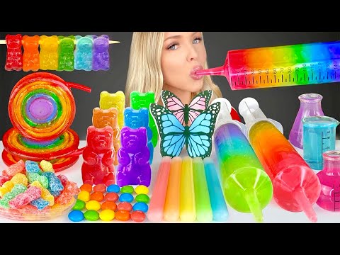 ASMR Rainbow Food, Edible Butterflies, YoYo Candy, Jello Shooter, Mini Beaker Drink Mukbang 먹방