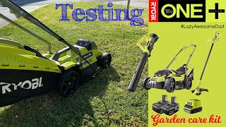 Testing - RYOBI 18v ONE+ 3 piece garden care kit $399 lawn mower blower line trimmer battery charger