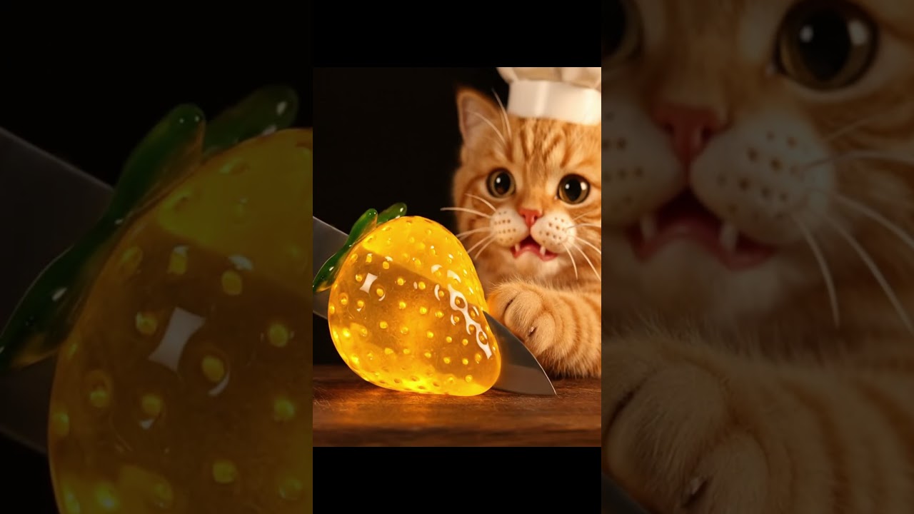 Orange Cat Slices Glass Strawberry in Slow Motion 🍓🔪 #asmr #glassfruit #satisfyingvideo #cat