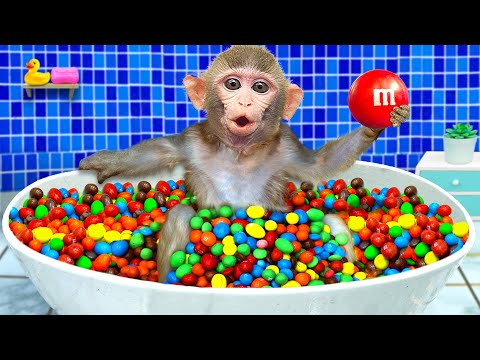 Kiki Monkey Bath In The Rainbow Bathtub Full Of MxM Candy And Play With Ducklings | Kudo Animal Kiki